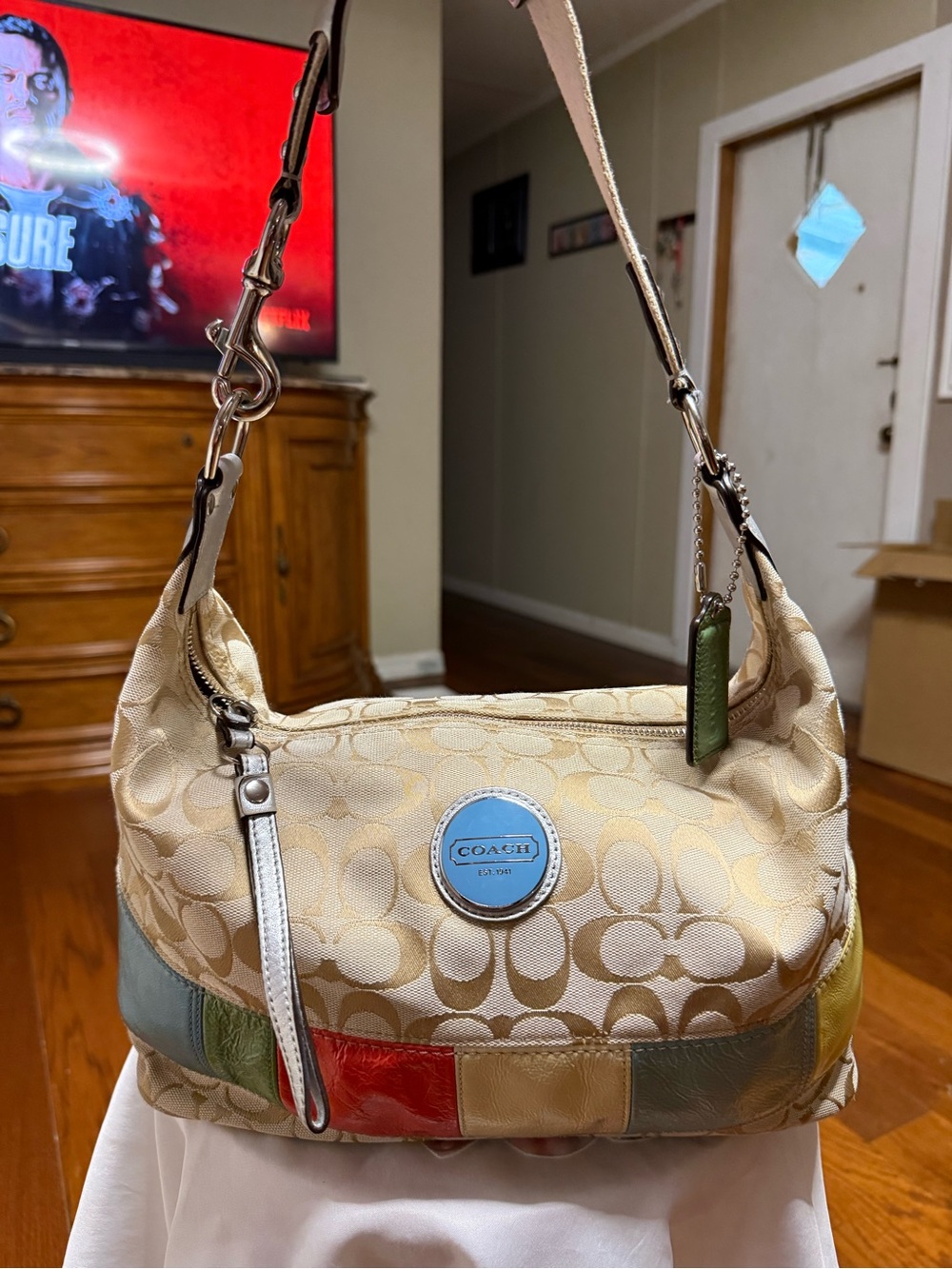 Coach Beige Signature Patchwork Cap with Yellow and Teal Panels